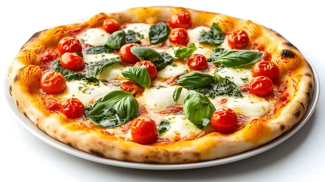 Köstliche italienische Pizza mit Tomatenscheiben und Basilikum