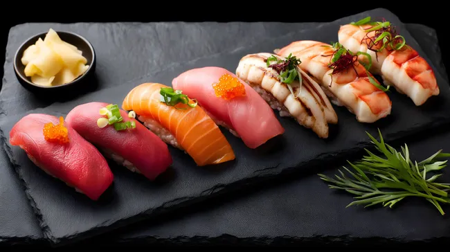 Köstliche japanische Sushi-Variation auf Schieferplatte