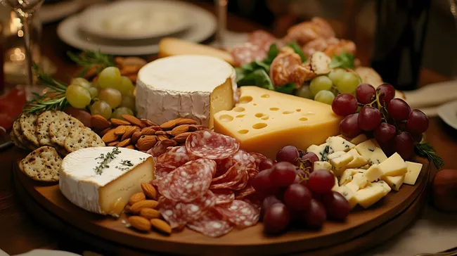 Köstliche Käse- und Wurstplatte mit Weintrauben und Nüssen