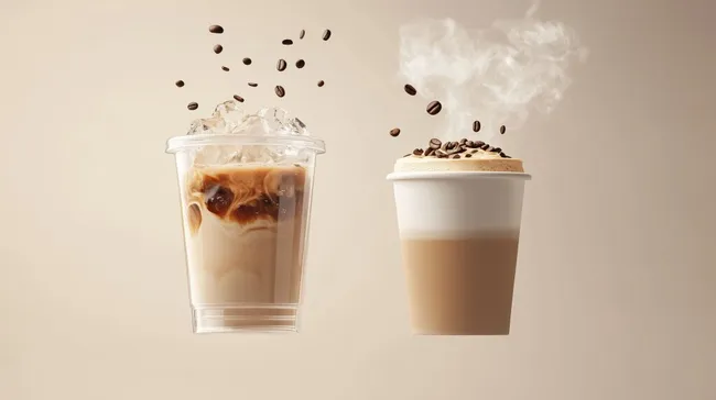 Köstliche Kaffee-Komposition mit Eisgetränk und Heißem