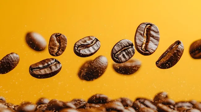 Köstliche Kaffeebohnen auf leuchtend gelbem Hintergrund