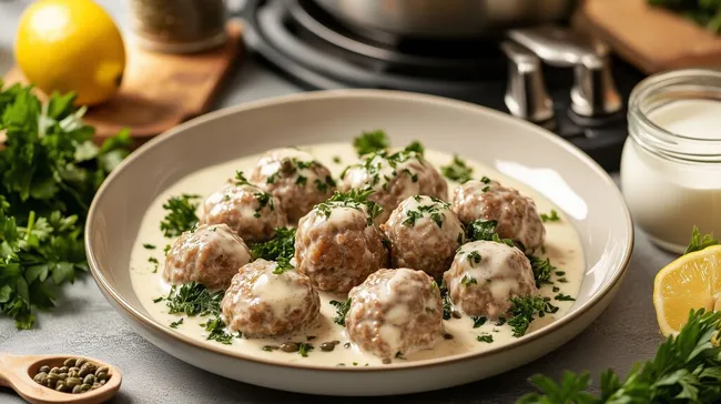 Köstliche Kalbfleischbällchen in Sahnesoße auf Vintage-Teller