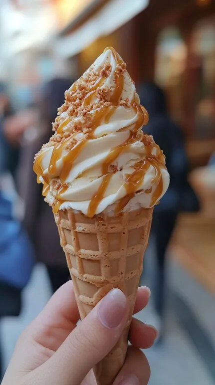 Köstliche Karamell-Eistüte mit Nüssen