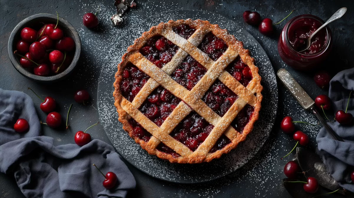 Köstliche Kirschpie mit Gitterkruste und Puderzucker
