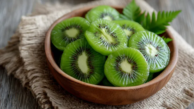 Köstliche Kiwi-Scheiben in Holzschüssel