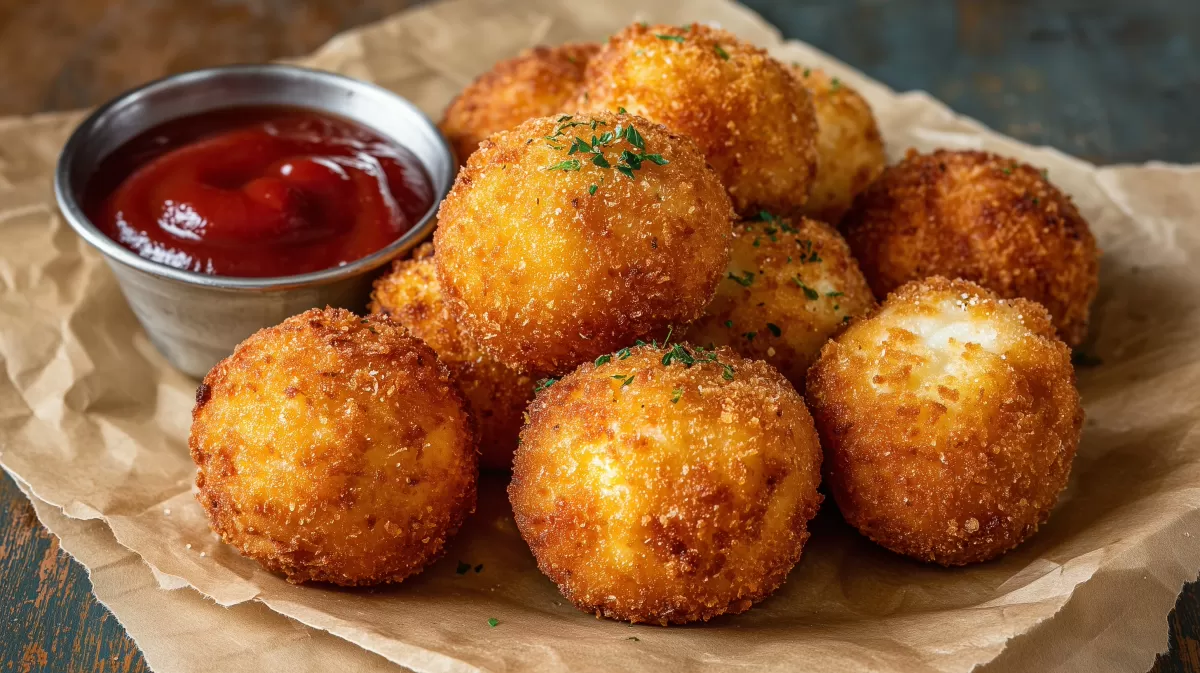 Köstliche knusprige Kartoffelkugeln mit Dip-Sauce