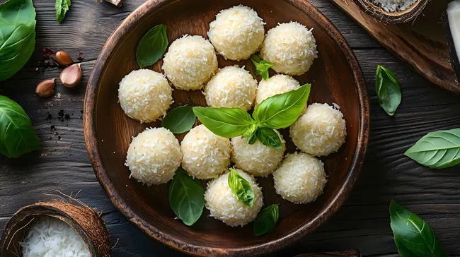Köstliche Kokosknödel mit frischem Basilikum