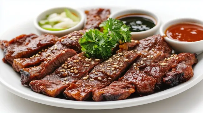 Köstliche koreanische BBQ-Rindfleischstücke mit Dipsaucen