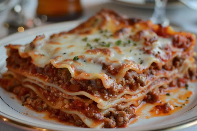 Köstliche Lasagne mit geschmolzenem Käse und Tomatensauce