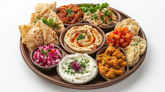 Köstliche Mezeplatte mit Humus und orientalischen Vorspeisen