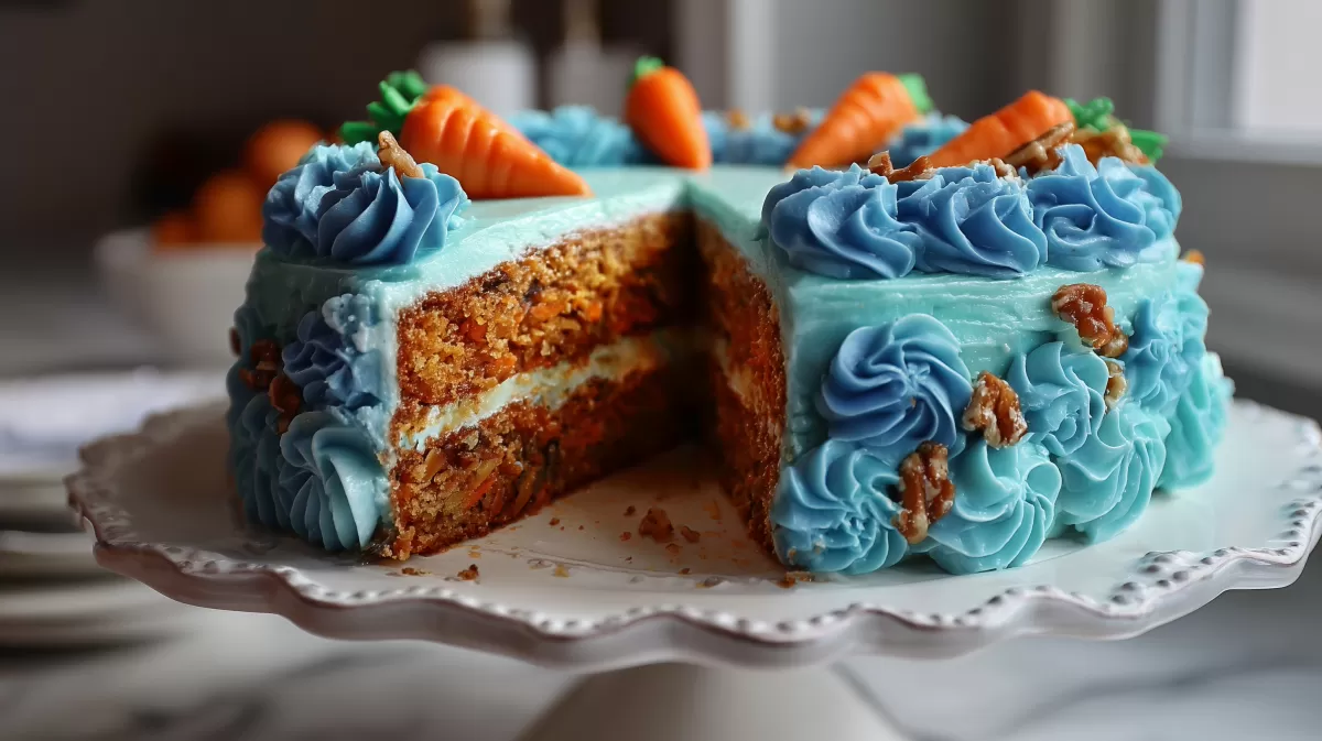 Köstliche Möhren-Nuss-Torte mit blauer Sahne-Dekoration