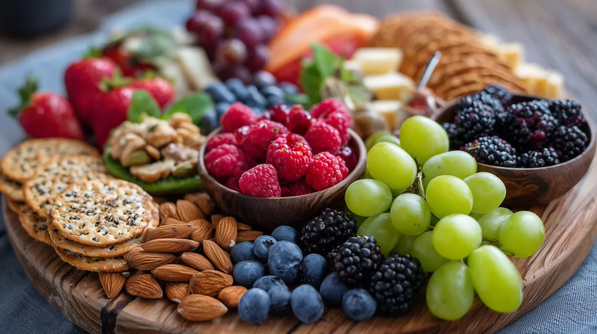 Köstliche Obst- und Nussauswahl auf Holzbrett