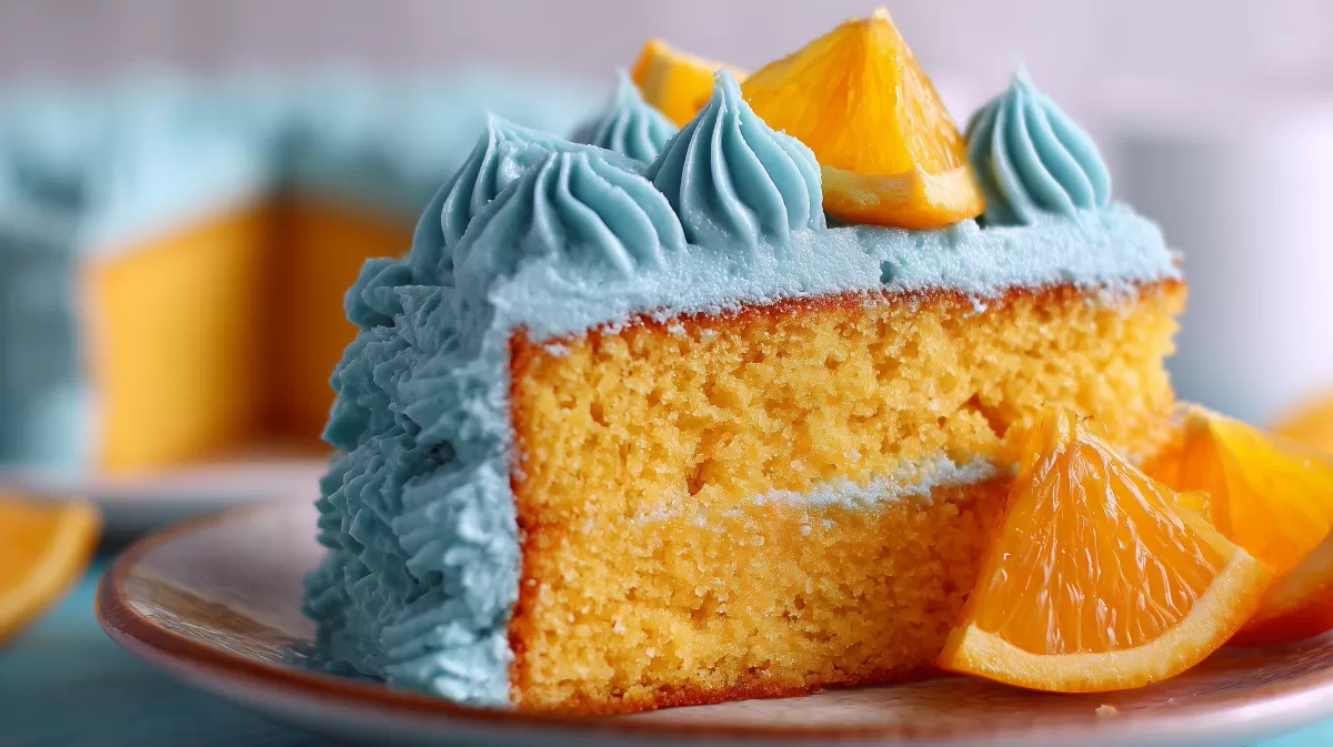 Köstliche Orangenkuchen-Kreation mit blauer Creme