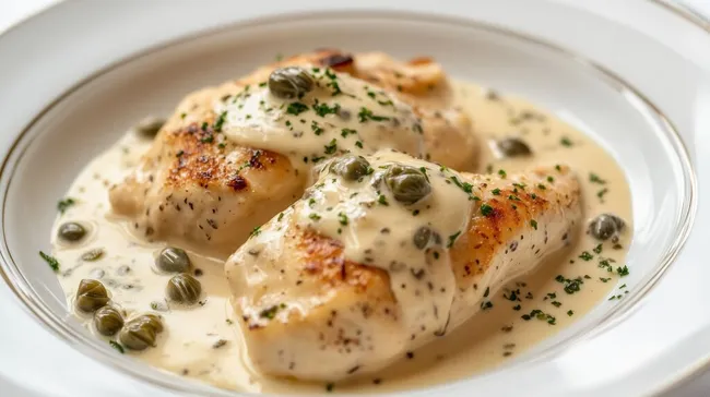 Köstliche panierte Schweinefleischklöße in cremiger Kapernsoße