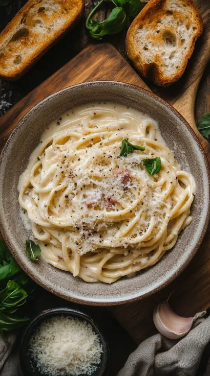 Köstliche Pasta Carbonara mit Parmesan auf Holzbrett