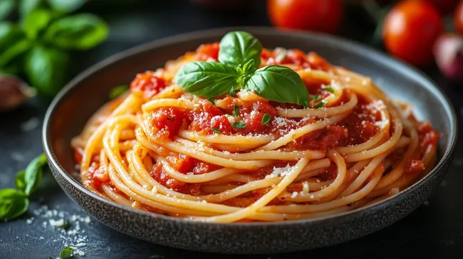 Köstliche Pasta Napoletana mit frischen Tomaten und Basilikum