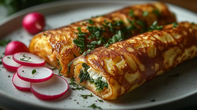 Köstliche Pfannkuchen gefüllt mit Quark und Kräutern