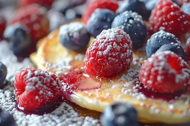 Köstliche Pfannkuchen mit roten Beeren und Puderzucker