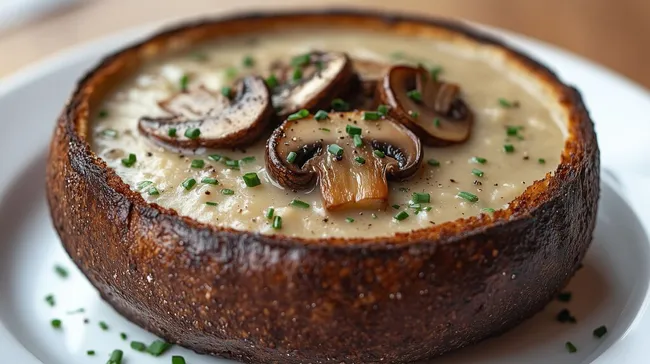 Köstliche Pilzsuppe in Laibchen serviert