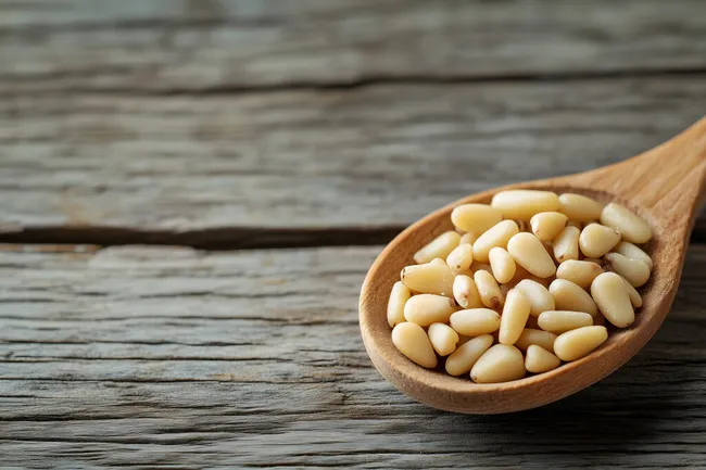 Köstliche Pinienkernsamen in Holzschale
