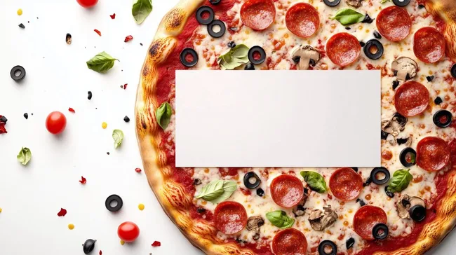 Köstliche Pizza mit leerer Werbepostkarte in der Mitte