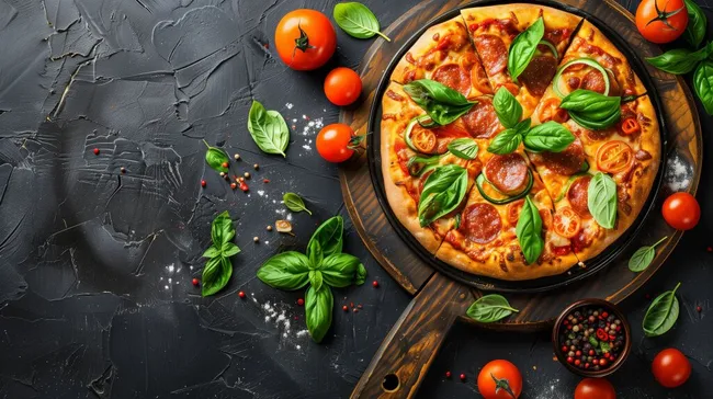 Köstliche Pizza mit Tomaten, Basilikum und Gewürzen