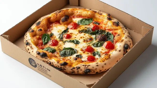 Köstliche Pizza mit Tomaten und Spinat in Pappschachtel