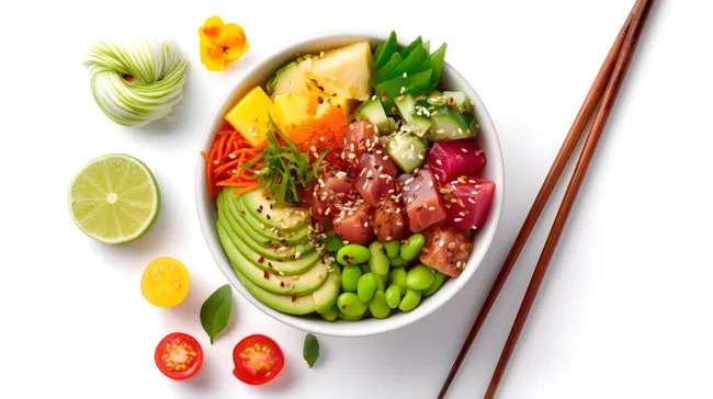 Köstliche Poke-Schüssel mit frischem Gemüse und Meeresfrüchten