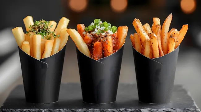 Köstliche Pommes frites mit leckeren Toppings