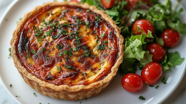 Köstliche Quiche mit frischem Salat und Tomaten