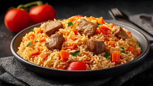 Köstliche Reispfanne mit geschmortem Rindfleisch
