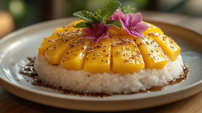 Köstliche Reisspeise mit exotischen Mangostücken