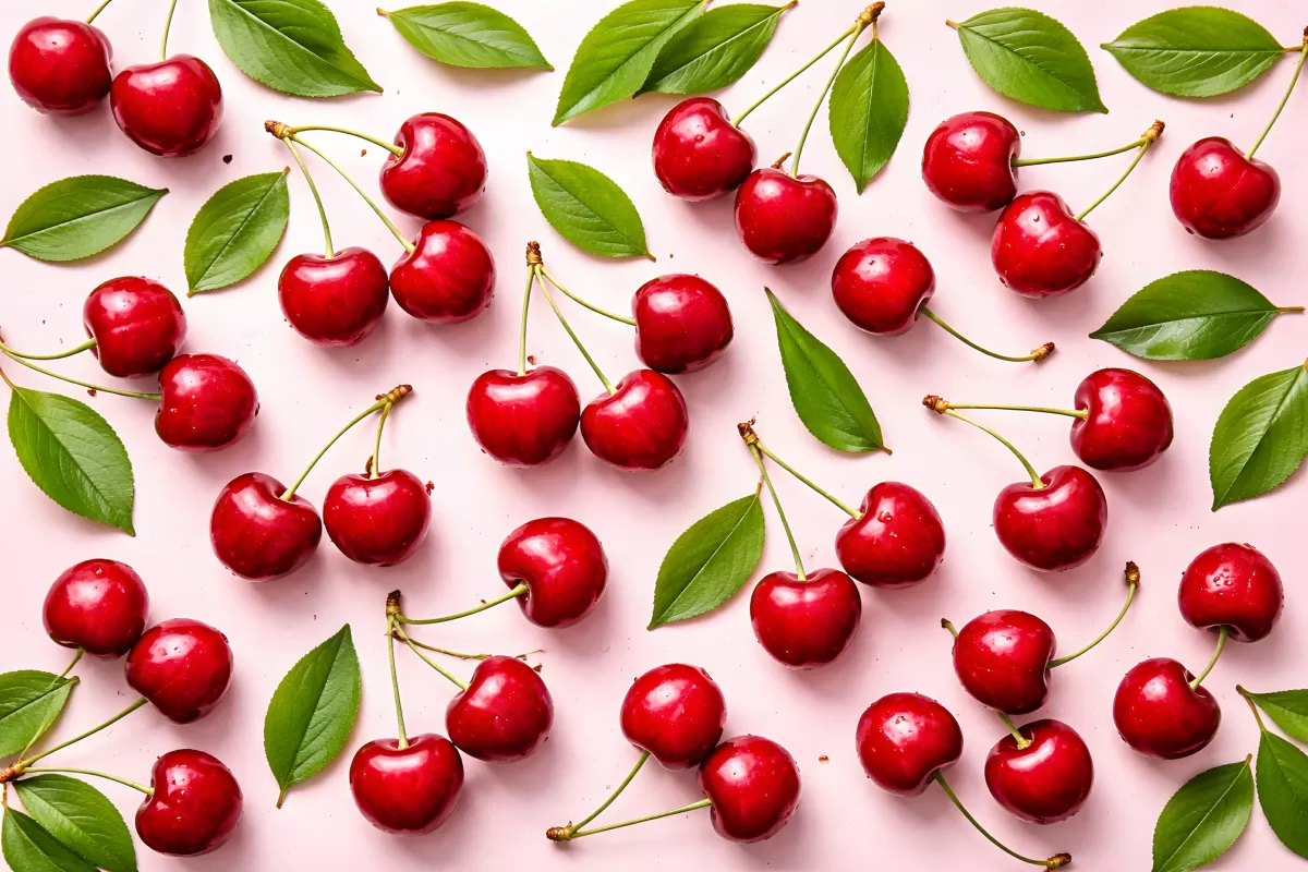 Köstliche rote Kirschen mit grünen Blättern