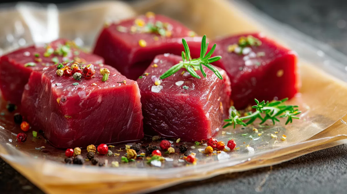 Köstliche rote Rindfleischstücke mit Gewürzen