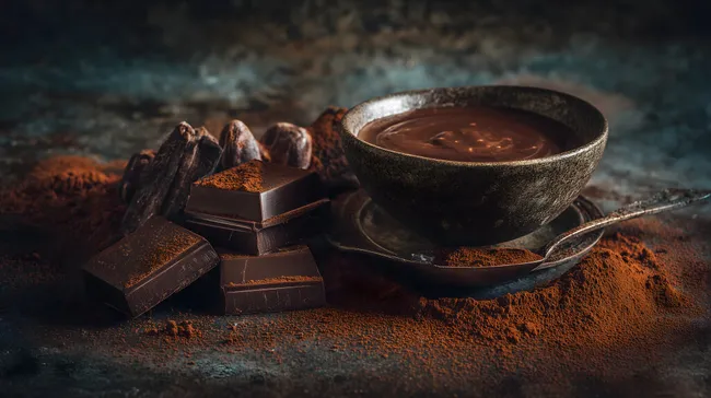Köstliche Schokolade: Dunkle Tafeln mit Kakaopulver
