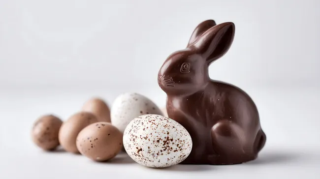 Köstliche Schokoladenhasen mit bunten Ostereiern