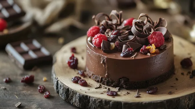 Köstliche Schokoladentorte mit Beeren und Kakaodeko
