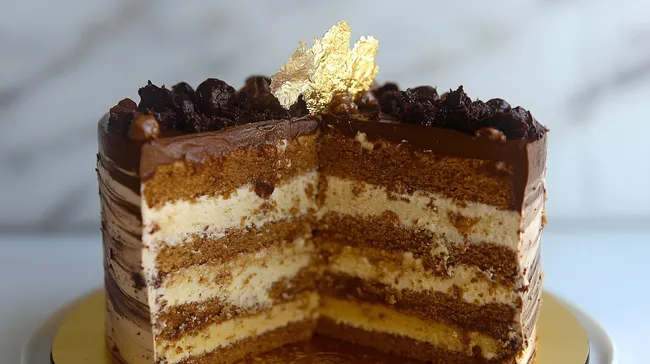 Köstliche Schokoladentorte mit goldenen Dekorationen