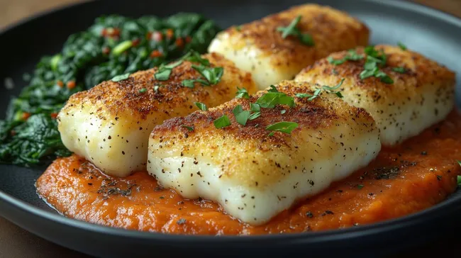 Köstliche Seeteufel-Filets mit Spinat und Tomatensauce