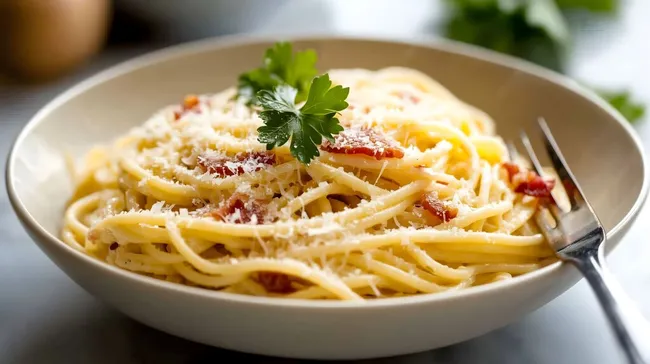 Köstliche Spaghetti Carbonara in rustikaler Schüssel