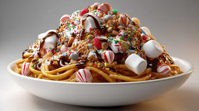 Köstliche Spaghetti-Dessertkreation mit bunten Zuckerdekorationen