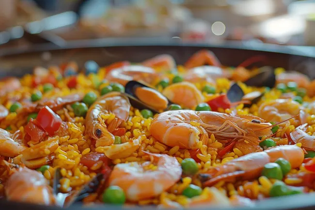 Köstliche spanische Paella mit Meeresfrüchten
