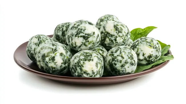 Köstliche Spinat-Käsebällchen auf Teller mit grüner Dekoration