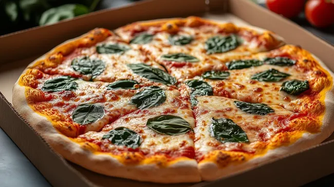 Köstliche Spinat-Pizza in rustikaler Pizzabox