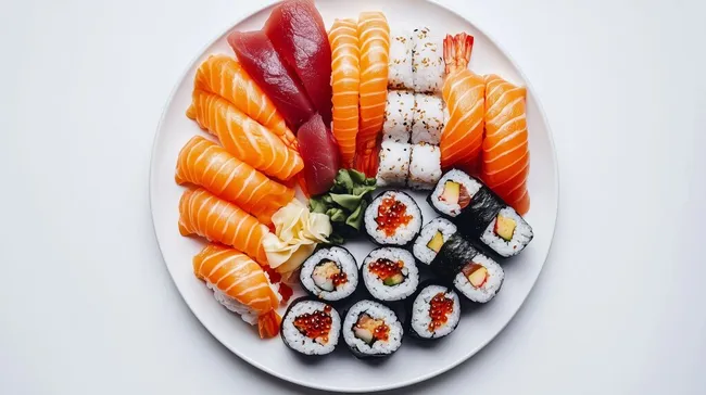 Köstliche Sushi-Platte mit frischen Meeresfrüchten und Reis