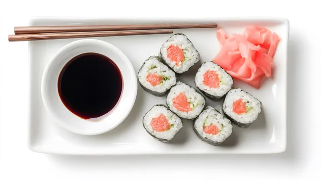 Köstliche Sushi-Rollen mit Lachs und Soja-Sauce