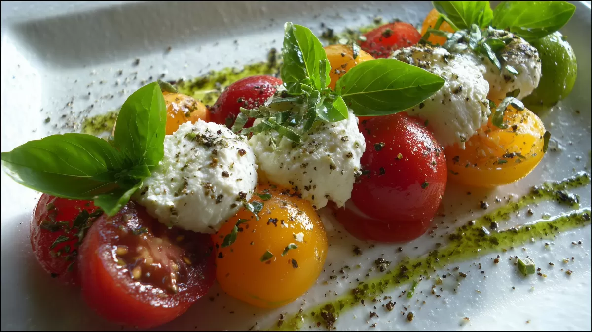 Köstliche Tomaten-Mozzarella-Komposition mit frischen Kräutern