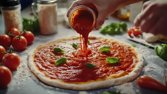 Köstliche Tomatensauce auf hausgemachter Pizza
