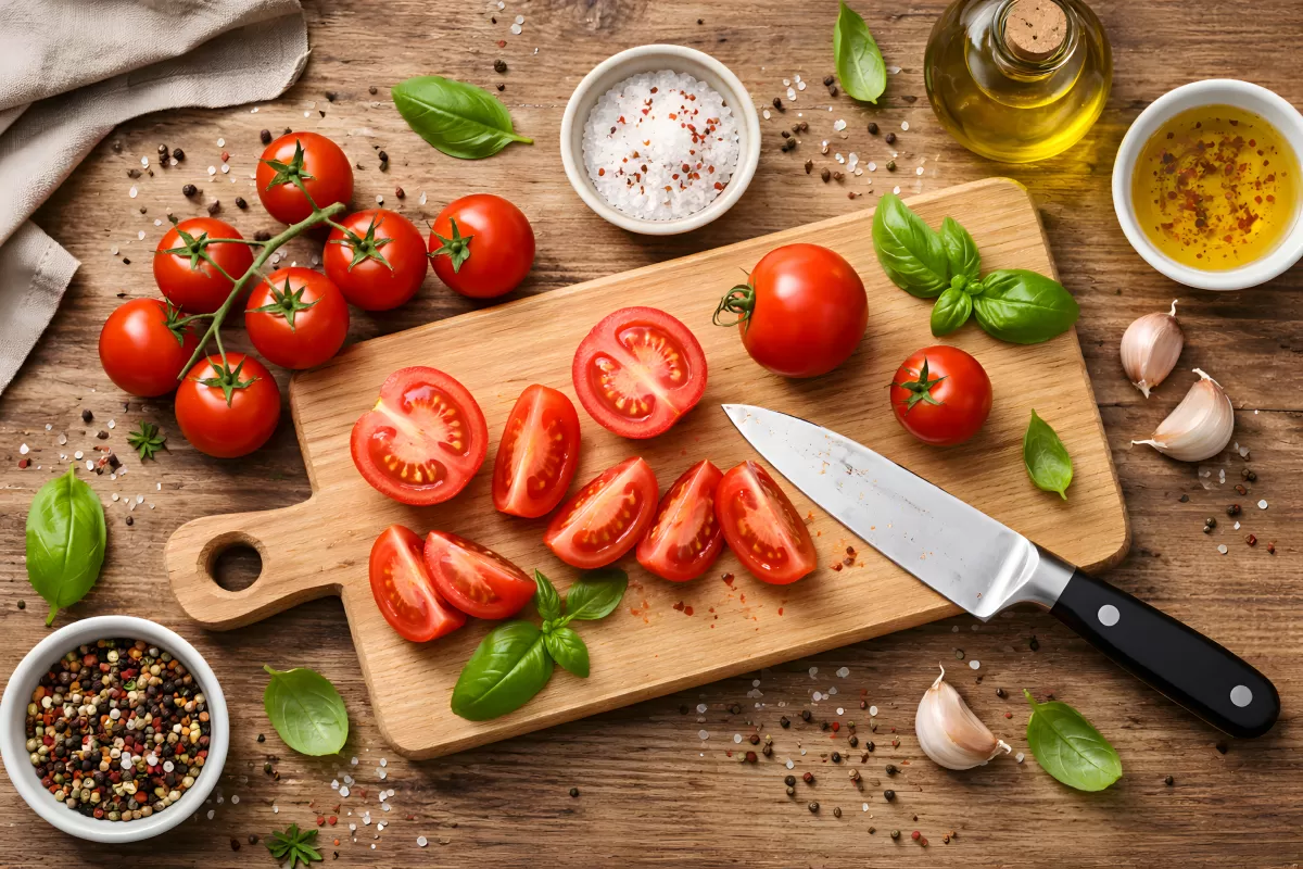 Köstliche Tomatenschnitte auf einem rustikalen Holzbrett