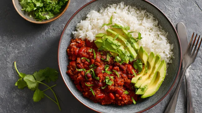 Köstliche vegetarische Chili-Schüssel mit Reis und Avocado